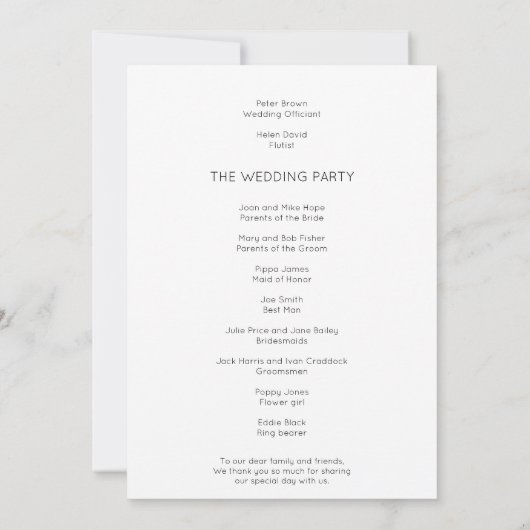 Simple Text Wedding Program Black White Kaart (Achterkant)