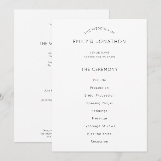 Simple Text Wedding Program Black White Kaart (Voorkant / Achterkant)