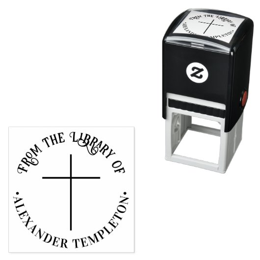 Simple Thin Cross “From the Library of” Book Name Zelfinktende Stempel (In situ)