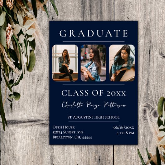 Simple Three Photo Afstuderen | Navy Blue Kaart