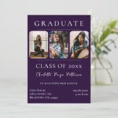 Simple Three Photo Afstuderen | Paarse uitnodiging (Staand voorkant)