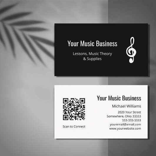 Simple Treble Clef QR code Muzieklessen Zwart Visitekaartje