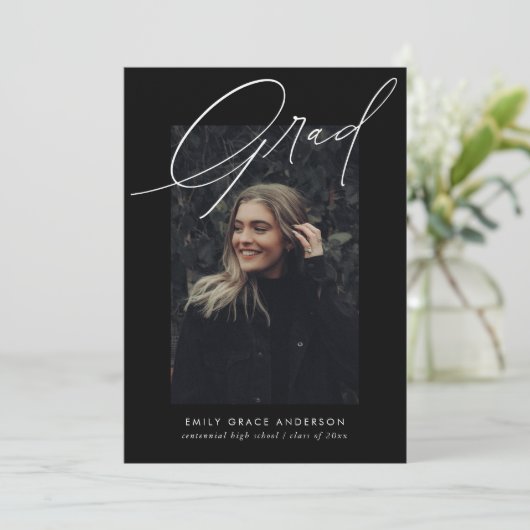 Simple Trendy Calligraphy Three Photo Afstuderen Aankondiging (Staand voorkant)