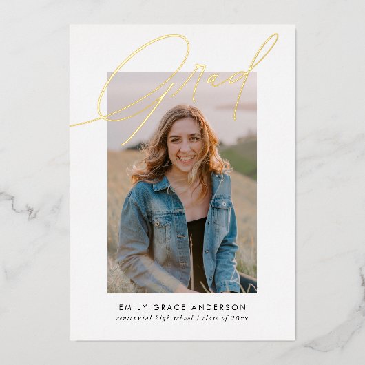 Simple Trendy Calligraphy Three Photo Afstuderen Folie Uitnodiging (Voorkant)