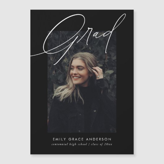 Simple Trendy Calligraphy Three Photo Afstuderen Magnetische Uitnodiging (Voorkant)