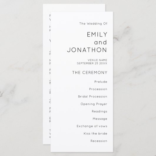 Simple Typography Black White Wedding Program (Voorkant / Achterkant)