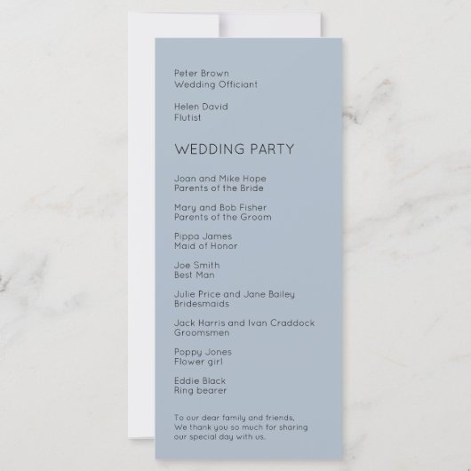 Simple Typography Dusty Blue Wedding Programme (Achterkant)