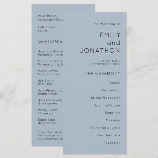 Simple Typography Dusty Blue Wedding Programme (Voorkant / Achterkant)
