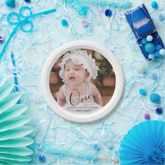 Simple Typography Photo First Birthday Papieren Bordje (Feest)