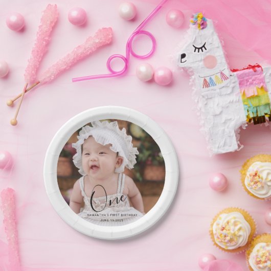 Simple Typography Photo First Birthday Papieren Bordje (Feest)