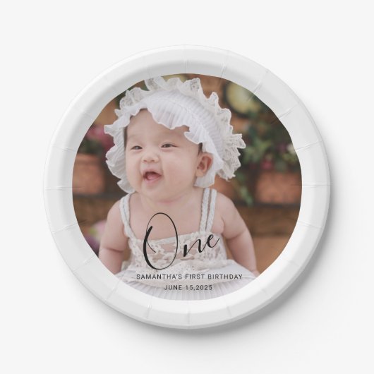 Simple Typography Photo First Birthday Papieren Bordje (Voorkant)