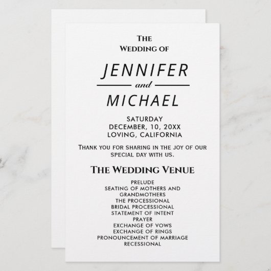 Simple Typography Plain Wedding Program (Voorkant / Achterkant)