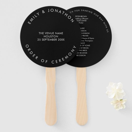 Simple Typography White Text Black Wedding Program Handwaaier (Voorkant en achterkant)
