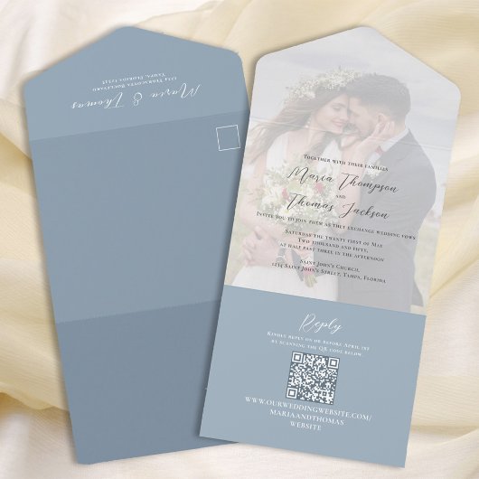 Simple Vellum Photo Overlay Dusty Blue | QR-code All In One Uitnodiging