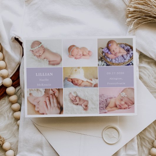 Simple Violet Baby Photo Collage Announcement Card Kaart