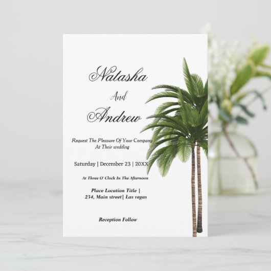 simple watercolor palm tree wedding invitation kaart (Staand voorkant)