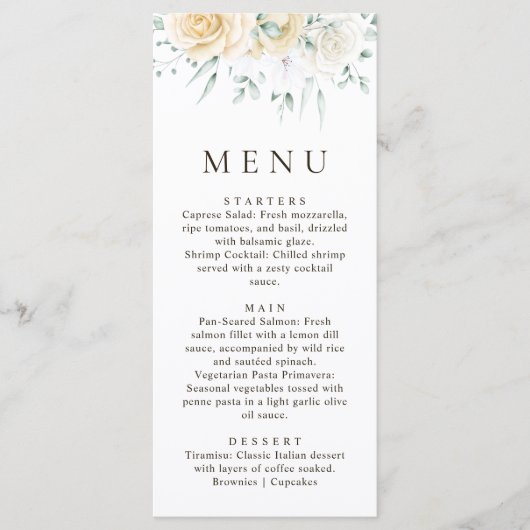 Simple Watercolour Eucalyptus White Rose Wedding Menu (Voorkant)