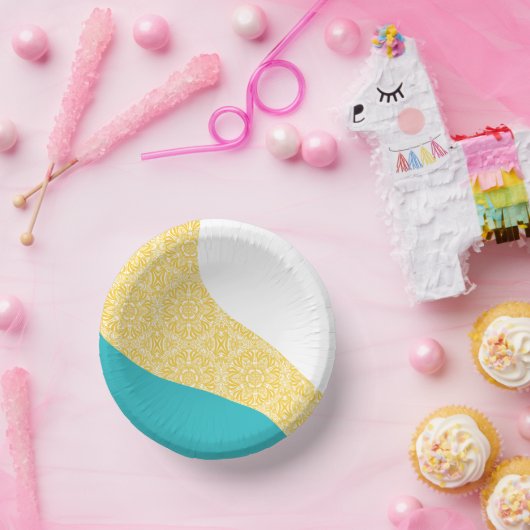 Simple Waves - Bloemenpatroon Turquoise en Geel Papieren Kommen (Feest)