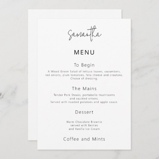 Simple Wedding Menu Card with Guest Name Kaart (Voorkant / Achterkant)