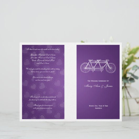 Simple Wedding Program Tandem Bike Paars (Staand voorkant)