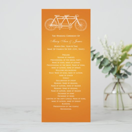 Simple Wedding Program Tandem Bike Sinaasappel Programmakaart (Staand voorkant)