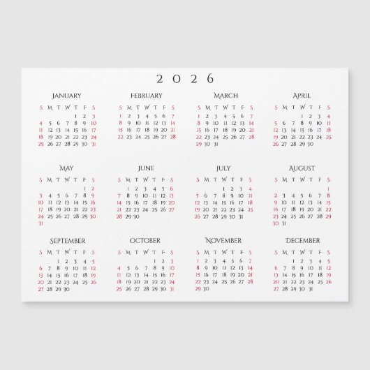 Simple White 2026 Yearly Full Year Calendar Magnet (Voorkant)