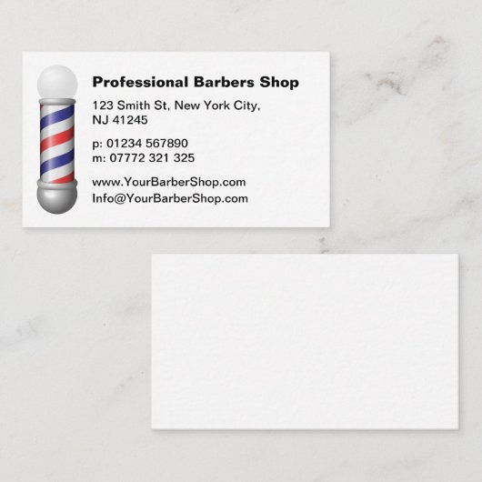Simple White Barbers Pole Barbershop Business Card Visitekaartje (Voorkant / Achterkant)