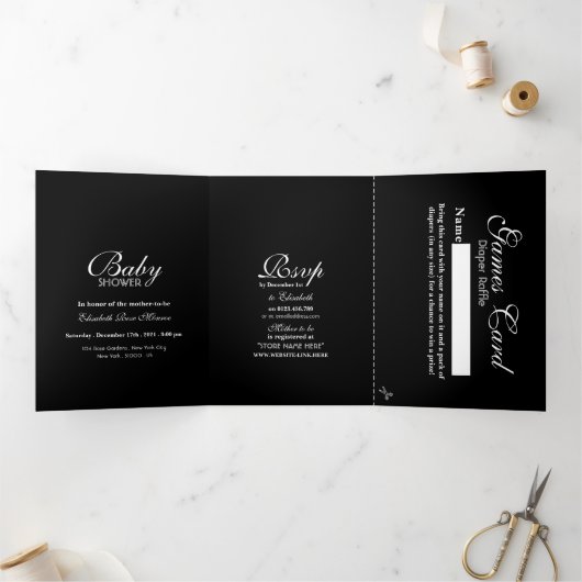 Simple White & Black Baby shower Suite Drieluik Uitnodiging (Binnen)