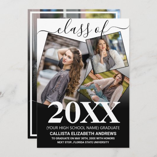 Simple White Black Ombre Afstuderen Foto Collage Aankondiging (Voorkant / Achterkant)