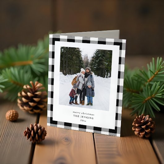 Simple WHITE Black Plaid Border 3 Photos Christmas Feestdagen Kaart