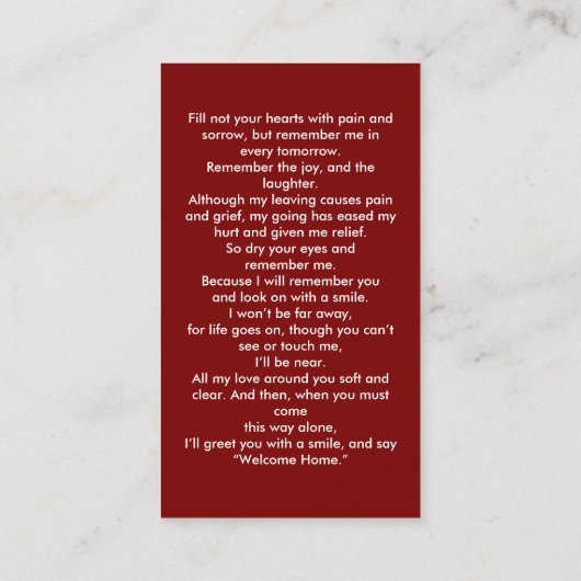 Simple White Cross Red Memorial Prayer Card Visitekaartje (Achterkant)