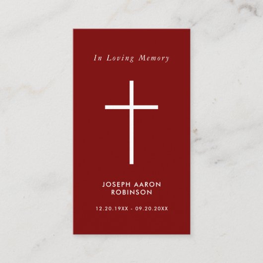 Simple White Cross Red Memorial Prayer Card Visitekaartje (Voorkant)