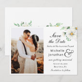 Simple White Daisies Greenery Photo Wedding Save The Date (Voorkant / Achterkant)