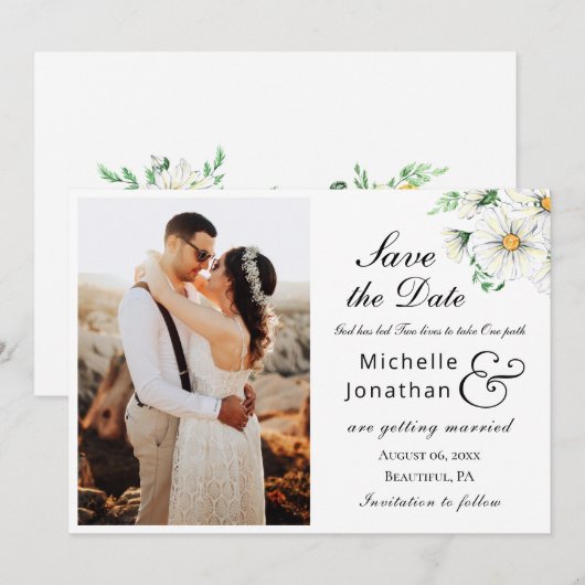 Simple White Daisies Greenery Photo Wedding Save The Date (Voorkant / Achterkant)