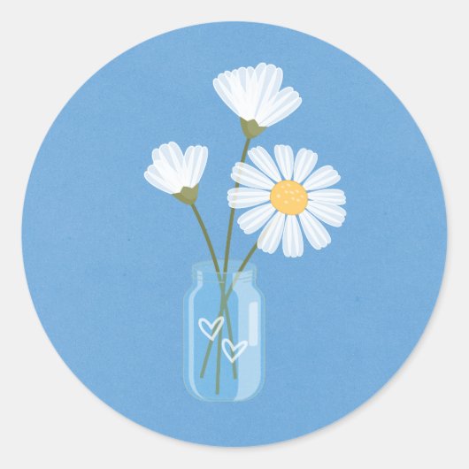 Simple White Daisies Mason Jar Hearts Bouquet Ronde Sticker (Voorkant)