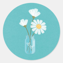 Simple White Daisies Mason Jar Hearts Bouquet Ronde Sticker
