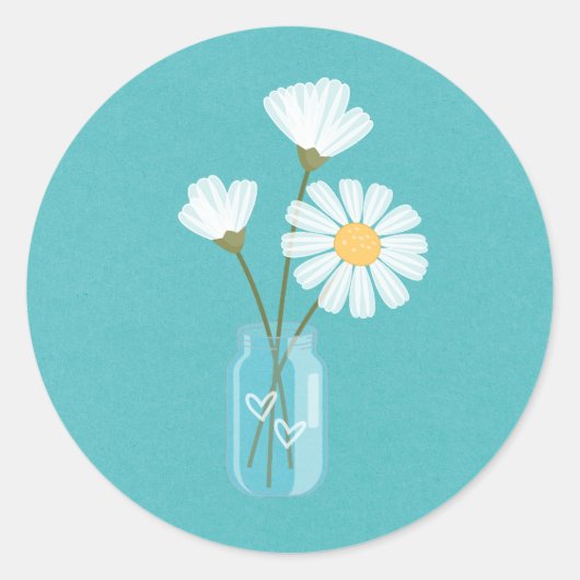 Simple White Daisies Mason Jar Hearts Bouquet Ronde Sticker (Voorkant)