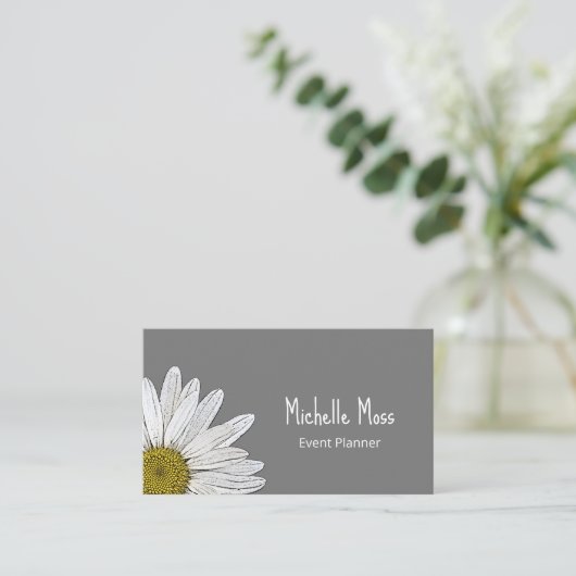 Simple White Daisy Botanical Grey Visitekaartje (Staand voorkant)