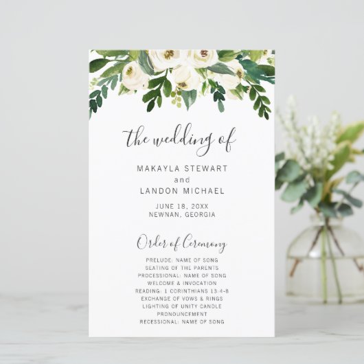 Simple White Floral Elegant Wedding Programme (Staand voorkant)