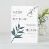 Simple white forest green foliage floral wedding  kaart (Staand voorkant)