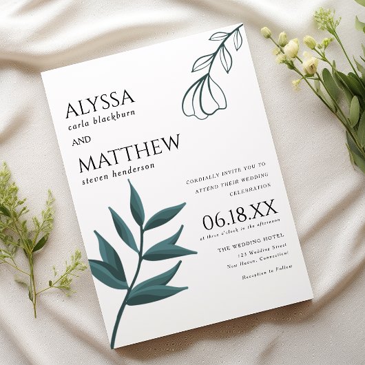 Simple white forest green foliage floral wedding  kaart