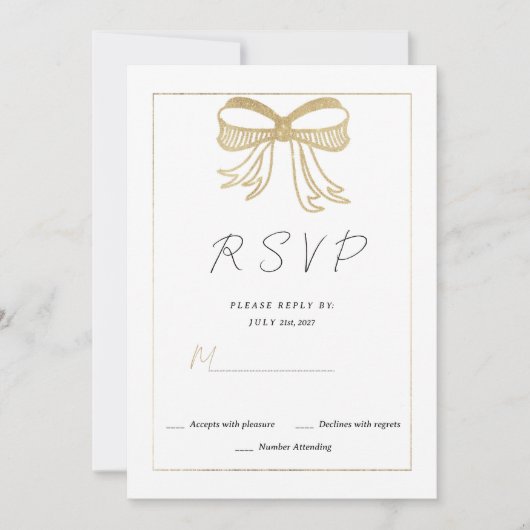 Simple white gold glitter bow ribbon RSVP Kaart (Voorkant)