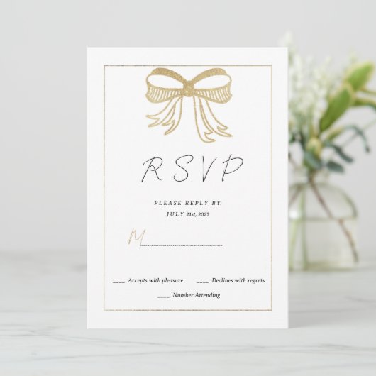Simple white gold glitter bow ribbon RSVP  Kaart (Staand voorkant)