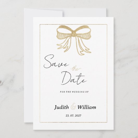 Simple white gold glitter bow ribbon Save the Date Kaart (Voorkant)