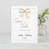 Simple white gold glitter bow ribbon Save the Date Kaart (Staand voorkant)