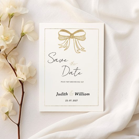 Simple white gold glitter bow ribbon Save the Date Kaart
