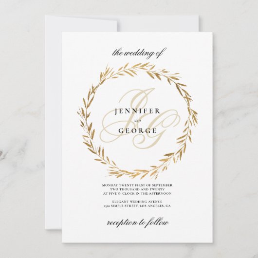 Simple white gold leaf monogram initials Wedding  Kaart (Voorkant)