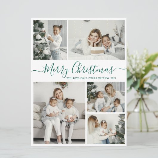 Simple White Green 5 Photo Collage Kerstmis Feestdagenkaart (Staand voorkant)