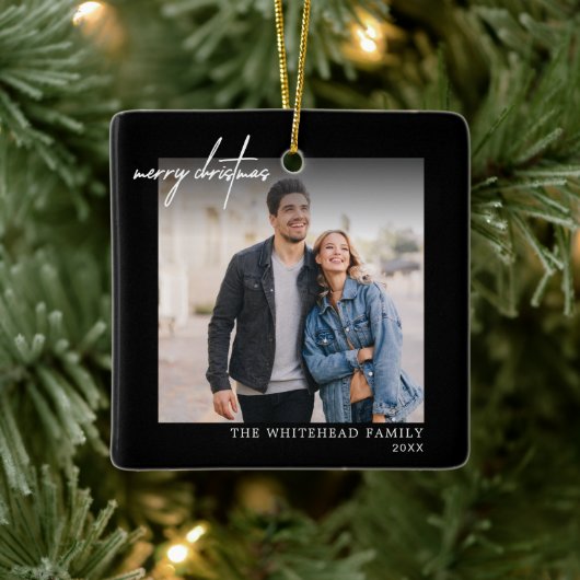 Simple White Merry-kerstfoto Black Keramisch Ornament (Boom)