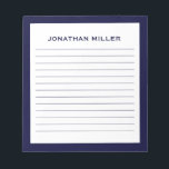 Simple White Navy Typographic Name Lined Notitieblok<br><div class="desc">Een professioneel bekleed notitieblok met een minimalistisch ontwerp in blauw en wit van de marine. Aangepast monogram initiaal en naam op een eenvoudige witte achtergrond,  omgeven door een zeegrens. Pas het gebruiken van de verstrekte gebieden aan of gebruik de "bericht"knoop om de ontwerper voor hulp te contacteren.</div>